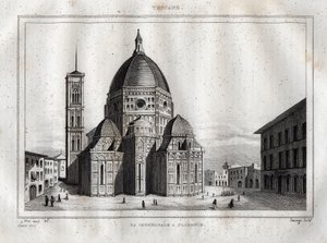 Firenzen katedraali - Näkymä Firenzen katedraalille (Duomo Santa Maria del Fiore). Kupolin valmisti Filippo Brunelleschi noin 1420-1436, Firenze, Italia - Kaiverrus "Italia maalauksellinen"" - Italian historiallinen ja kuvaava taulukko", kirjoittaja M. de tekijältä French School