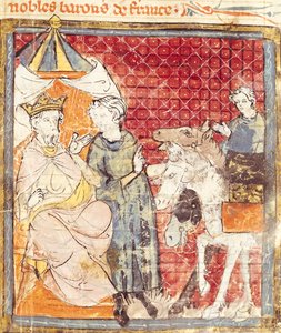 Fol.133r Roland jättää jäähyväiset Kaarle Suurelle (742-814), Grandes Chroniques de France, 1375-79 tekijältä French School