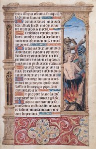 Fol.67r Tekstisivu, jossa on reunayksityiskohta miehestä, jota kaksi demonia kiduttivat, kirjasta "Heures de l"Usage de Rome" tekijältä French School
