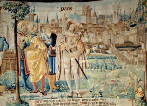 Fondation de la ville de Paris. Kuningas Francois I (1494-1547) päätti perustaa pysyvän pääkaupunkinsa Pariisiin palattuaan vankeudesta vuonna 1527. Arrasin työpajan kuvakudos "Gallien upeasta historiasta". 1530 Beauvais, departm tekijältä French School