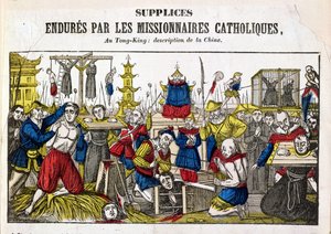 Katolisten lähetyssaarnaajien kärsimät kidutuksen muodot Tonkingissa, Kiinassa, 1840 tekijältä French School