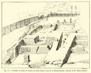 Kaivaukset Palais de Justicessa vuonna 1848, Sainte-Chapellen pihalla, M Albert Lenoirin piirustus tekijältä French School