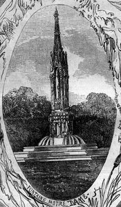 Pariisin suihkulähde: näkymä Neitsyt-suihkulähteelle (Notre Damen suihkulähde) (noin 1845). Kaiverrus "" Le Monde Illustré" -julkaisussa nro 254, 22. helmikuuta tekijältä French School