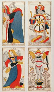 Neljä Tarot-korttia, jotka kuvaavat Erakkoa, Onnenpyörää, Temperanssia ja Paholaista (värillinen puukaiverrus) tekijältä French School