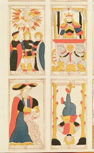 Neljä tarot-korttia, jotka kuvaavat rakastajia, vaunuja, voimaa ja hirtettyä miestä (värillinen puukaiverrus) tekijältä French School