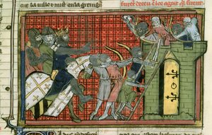 Fr 22495 f.36r Hyökkäys kaupunkiin, Le Roman de Godefroi de Bouillon tekijältä French School