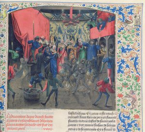 Fr 2646 f.176 Bal des Ardents, Berryn herttuatar pelasti Charlesin sen jälkeen, kun Louis of Orleans sytytti tuleen Froissarts Chroniclen tanssijoiden puvut, 1392 tekijältä French School