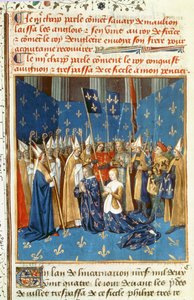 Fr 6465 f.247v Ludvig VIII:n (1187-1226) ja Blanche de Castilen kruunaus Reimsissä Jerusalemin kuninkaan läsnäollessa tekijältä French School