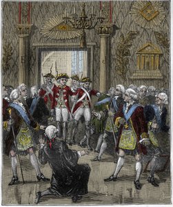 Franc-Maconnerie (Franc Maconnerie) Hotel de Soissonissa Pariisissa kesäkuussa 1745: Franco-Maconin seremonia keskeytettiin poliisikomentajan saapuessa. Kaiverrus ”” Pariisissa vuosisatojen ajan”, Gourdon de Kenouillac 1880.. tekijältä French School