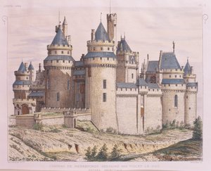 Ranska, Pierrefondsin keskiaikainen linna, kunnostettu Violet le Duc Moniteur des Architectesista, kaiverrus tekijältä French School