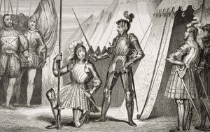 Francois I (1494-1547) kapteeni Bayardin ritariksi Marignanon taistelun jälkeen Colartin "Histoire de France" -kirjasta, julkaistu n. 1840 tekijältä French School