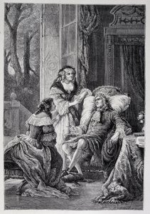 Francois de la Rochefoucauld (1613-1680) keskustelee Mademoiselle de Sevignen (Marie de Rabutin-Chantal), Marquise de Sevigne dit Madame de Sevignen (1626-1696) ja Marie-Madeleinen (Marie Madeleine) Pioche de La Vergnen kanssa, kreivitit (Madam of the F tekijältä French School
