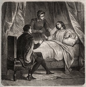 Francoise de Foix, Chateaubriantin kreivitär (n. 1495-1537), sairas, vastaanottaa Clement des Marets dit Marotin (1496-1544), Francois 1:n palvelijan, sängyssä. Kaiverrus vuodelta 1871 Henry de Kockin (1819-1892) teokseen "Histoire Des Cocus Celebres". tekijältä French School