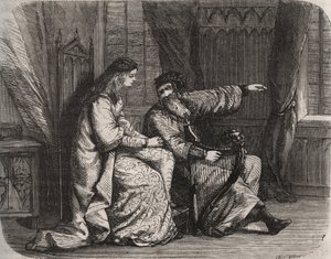 Fredegonde (545-597) uskoo huolensa harppusoittaja Barbantinille, koska hänen rakastajansa Chilperic (silloin frangien kuningas Chilperic I (543-597)) ei mennyt naimisiin hänen kanssaan. 565. Kaiverrus vuodelta 1871 teoksessa "Histoire Des Cocuses Celebres tekijältä French School