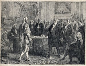 Ranskan vallankumous - Yleiskokous 23.6.1789: Honore Gabriel (Honore-Gabriel) Riqueti, Mirabeaun kreivi (1749-1791) puhui Henri Evrardille (Henri-Evrard), Dreux Brezen (Dreux-Breze) markiisille (1762-) 1829). Kaiverrus vuodelta 1889. Yksityinen kokoelma. tekijältä French School