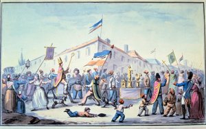 Ranskan vallankumous: "" Muodostettu kansan naamiainen pukeutuu papin vaatteisiin"". Anonyymi vesiväri. 1793. Paris, L