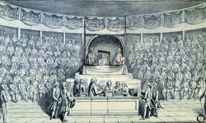 Ranskan vallankumous: Antoine Barnave (1761-1793) kuulustelee ruorissa olevaa kuningas Ludvig XVI:ta (1754-1793) hänen oikeudenkäynnissään kansalliskokouksessa, joka päättää hänen kuolemanrangaistuksestaan 21.1.1793. Anonyymi piirros noin 1793. Pariisi, Lo tekijältä French School