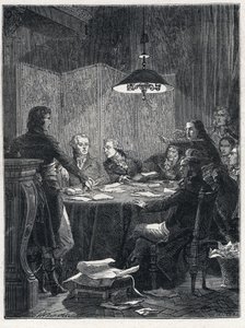 Ranskan vallankumous: Kansallisen valmistelukunnan vuonna 1793 perustaman vallankumouksellisen hallituksen Public Salvation Committeen kokous. tekijältä French School