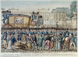 Ranskan vallankumous: "Kuninkaallisen perheen paluu Pariisiin 25/06/1791" Saattue ylittää Place de la Concorde -aukion. 1700-luvun lopun ranskalaisen koulukunnan kaiverrus. Pariisi Musée Carnavalet tekijältä French School