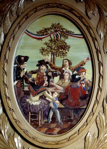 Ranskan vallankumous: "" Republikaanien ateria Cafe Le Procopessa Pariisissa"" Anonyymi maalaus. 1700-luvun Pariisi, Le Procope tekijältä French School