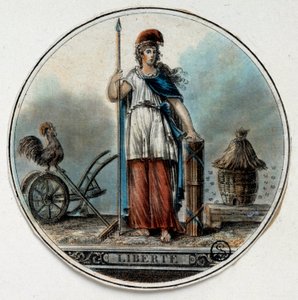 Ranskan vallankumous: allegoria Libertestä naisena mehiläispesän ja kukon lähellä. 1700-luvun lopun Pariisi, B.N. tekijältä French School