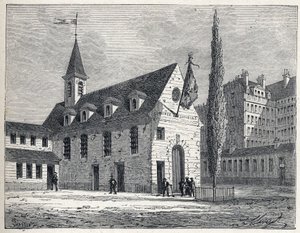 Ranskan vallankumous: jakobiiniklubin kohtauspaikka Pariisissa, entisessä luostarissa Saint-Honoren alueella (Saint Honore). Kaiverrus vuodelta 1889. Yksityinen kokoelma. tekijältä French School