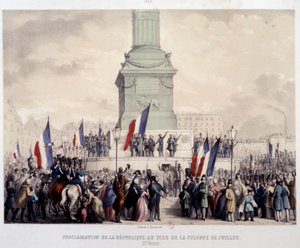 Ranskan vuoden 1848 vallankumous: toisen tasavallan julistus heinäkuun pylvään juurella Place de la Bastillella 25.2.1848. 1800-luvun litografia. Pariisi, Musee Carnavalet tekijältä French School