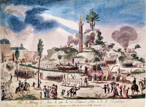 Ranskan vallankumous: Korkeimman Olennon juhla Champs de Marsilla 8.6.1794 (20 Prairial An II). Anonyymi kaiverrus 1700-luvulta. tekijältä French School