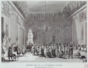 Ranskan vallankumous: päivät 28., 29. ja 30. Prairia vuonna VII, joka johti 18.6.1799 Abbe Emmanuel-Joseph Sieyesin (1748-1836) vallankaappaukseen (tai neuvostojen koston) ja näki useiden Thermidorian-ohjaajien eron. Kaiverrus o tekijältä French School