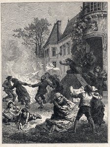 Ranskan vallankumous: talonpojat polttivat feodaaliset arvonimensä ja tanssivat tulen ympärillä juhlimaan etuoikeuksien lakkauttamista elokuussa 1789. Kaiverrus vuodelta 1889. Yksityinen kokoelma. tekijältä French School