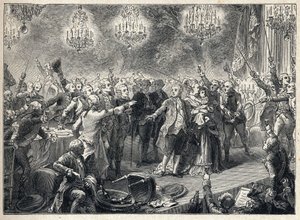 Ranskan vallankumous: kuninkaalliset vannovat uskollisuutta monarkialle kuningatar Marie Antoinetten (1755-1793) kuninkaan Ludvig XVI (1754-1793) ja delfiinin läsnäollessa henkivartijoiden juhlaillassa 1. lokakuuta 1789 Orangeaillesrie de Versaillesrie de  tekijältä French School