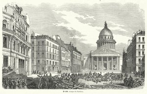 Ranskan armeijan joukot hyökkäävät Pantheonin miehittäjiä vastaan, Pariisi, 24.6.1848 (kaiverrus) tekijältä French School