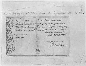 Ranskalainen kymmenen punnan seteli Law Bankista, päivätty 1. huhtikuuta 1719 tekijältä French School