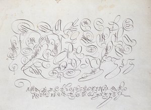 Ranskalainen kalligrafia: Kappalelevy, Robert Vignonin kuninkaan kalkografin Frisiuksen kaiverrus kirjoituspuutarhassa noin 1600-luvulla. tekijältä French School
