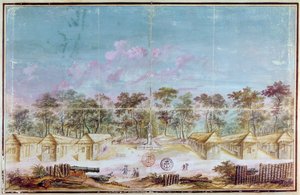 Ranskalaisten siirtolaisten asutus Kouroun rannalla, Guyanassa vuonna 1763 (wc paperilla) tekijältä French School
