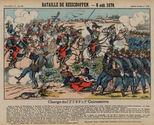 Ranskalaiset kirassirit hyökkäämässä Preussin jalkaväkeä Reichshoffenin taistelussa, Ranskan ja Preussin sodassa, 6. elokuuta 1870 (värillinen kaiverrus) tekijältä French School