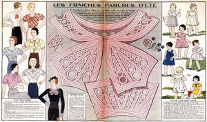 Ranskalainen muoti kesällä 1934: naisellinen muoti (puserot) ja lapsellinen muoti (mekot ja puvut). Teoksessa "Le petit echo de la mode". tekijältä French School