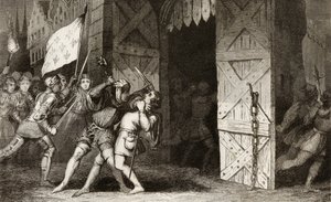 Ranskalaiset ritarit hyökkäävät englantilaisten hallussa olevaan kaupunkiin 100-vuotisen sodan aikana, Colartin "Histoire de France" -julkaisusta, julkaistu noin 1840 tekijältä French School
