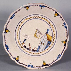Ranskan vallankumous: laatta, jossa on hotelli de la paix ""Je halu päästä sinne"". Keramiikka 1700-luvulta. Ei koskaan, museo Frederic Blandin tekijältä French School