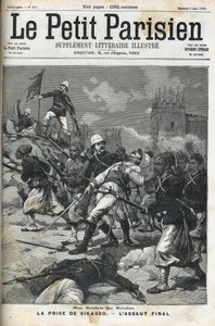 Ranskalaiset sotilaat Sudanissa: toukokuu 1898. Eversti Audeoud (Sudan) ryösti Sikasson. Sikasson vangitseminen. Kansi "" Le petit parisien""" kesäkuulta 1898. tekijältä French School