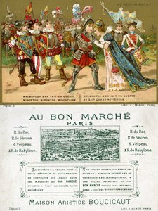 Etu- ja takapuoli Pariisin Au Bon Marché -tavaratalon mainoskortin, jossa on yksi suosituimmista ranskankielisistä kansanlauluista, Marlbrough sen va-t-en guerre (Marlborough).