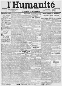 Etusivu, LHumanite-sanomalehden ensimmäinen numero, 18. huhtikuuta 1904 (painettu paperi)