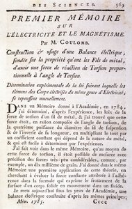 Coulombin kirjan ""Ensimmäinen muistelma sähköstä ja magnetismista"" etupuoli tekijältä French School