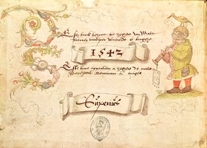 Etukappale Recueil de chants religieux et profanes IX:stä, joka esittää silmälasillista miestä soittamassa puhallinsoittimella lintu päässään, 1542 tekijältä French School