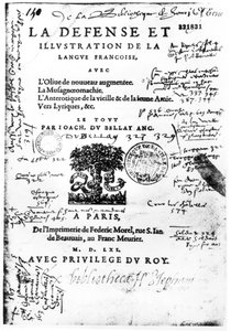 Joachim du Bellayn La Defense et Illustration de la Langue Francaise -elokuva, Federic Morelin Pariisissa vuonna 1561 painama (painettu paperi kynällä ja musteella) tekijältä French School
