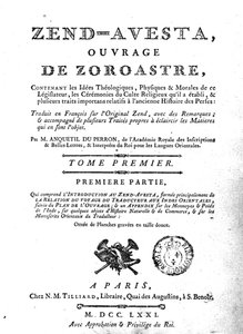 Etukuva Zend Avestan painoksesta, 1771 tekijältä French School