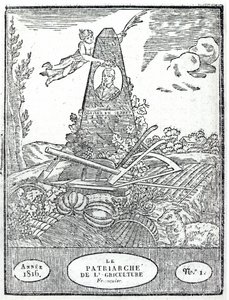 Maatalousalmanaksin etupuoli, jossa on muotokuva Olivier de Serresistä (1539-1619) 1816 tekijältä French School