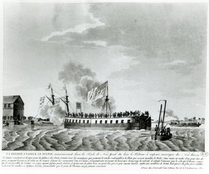 Fultons Höyrykäyttöinen sotalaiva, Fulton the First, jonka Robert Fulton suunnitteli ja rakensi New Yorkin puolustamiseen vuoden 1812 sodassa (bw-kuva 1800-luvun alun kaiverruksesta) tekijältä French School