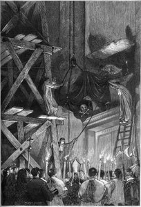 Paavi Pius Ixin (Pion) (1792-1878) hautajaiset: ruumiin hautaaminen Pietarinkirkolle Roomassa. Kaiverrus "" Le Monde Illustré" -julkaisussa nro 1093, 9. maaliskuuta 1878. tekijältä French School