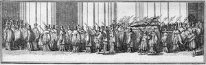 Paavin hautajaiset 1700-luvulla: paavin ruumis kuljetetaan Pyhän Pietarin kirkkoon Roomaan. Kaiverrus kirjaan "Histoire des religijs"". tekijältä French School